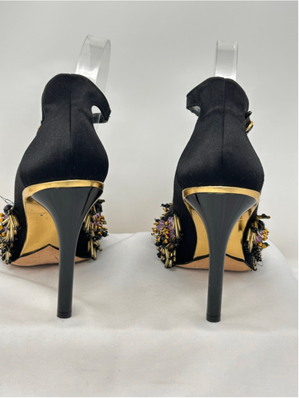 Oscar de la Renta 39.5 Black Satin Embellished Stiletto Pumps Beaded Gold - Picture 6 of 13